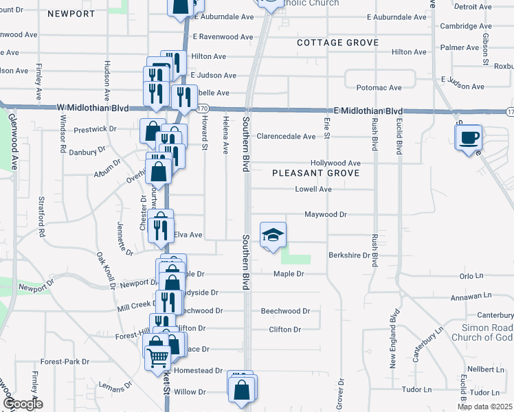 map of restaurants, bars, coffee shops, grocery stores, and more near 124 Maywood Drive in Youngstown