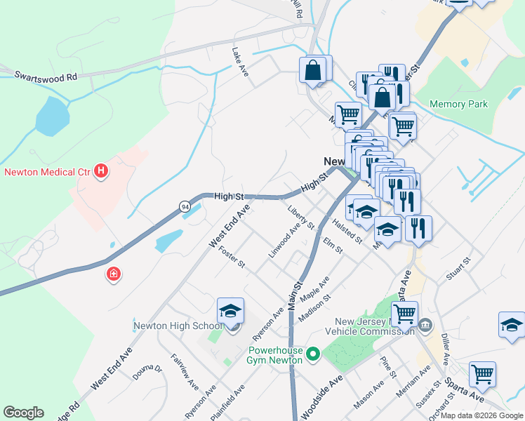 map of restaurants, bars, coffee shops, grocery stores, and more near 102 High Street in Newton