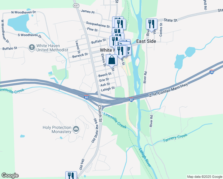 map of restaurants, bars, coffee shops, grocery stores, and more near 1001 Elmira Street in White Haven
