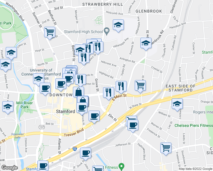 map of restaurants, bars, coffee shops, grocery stores, and more near 109 Forest Street in Stamford