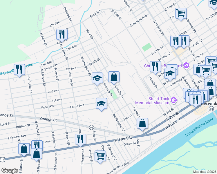 map of restaurants, bars, coffee shops, grocery stores, and more near 710718 Monroe St in Berwick