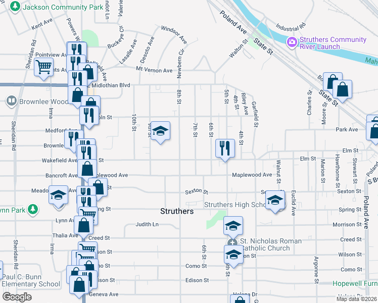 map of restaurants, bars, coffee shops, grocery stores, and more near 551 7th Street in Struthers