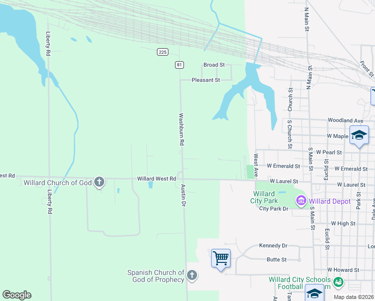 map of restaurants, bars, coffee shops, grocery stores, and more near 3144 Washburn Road in Willard