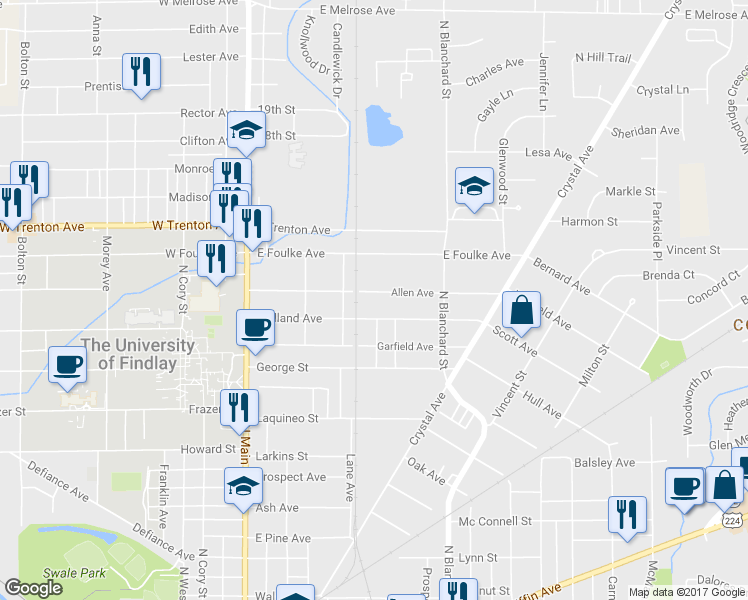 map of restaurants, bars, coffee shops, grocery stores, and more near 315 Allen Avenue in Findlay