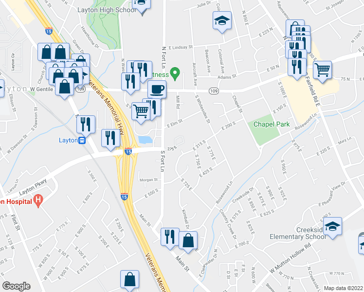 map of restaurants, bars, coffee shops, grocery stores, and more near 548 Twin Trees Lane in Layton