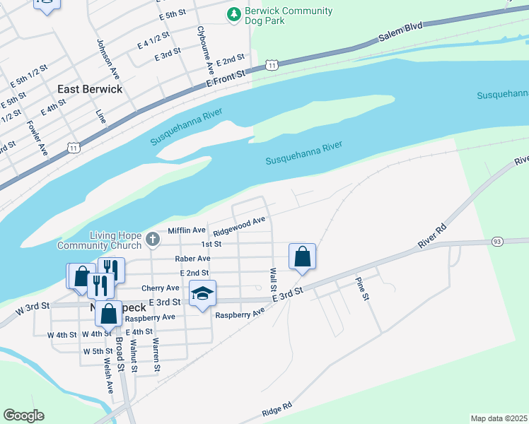 map of restaurants, bars, coffee shops, grocery stores, and more near 1113 Mifflin Ave in Nescopeck