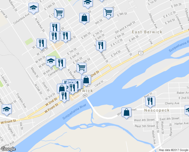 map of restaurants, bars, coffee shops, grocery stores, and more near 218 E 2nd St in Berwick