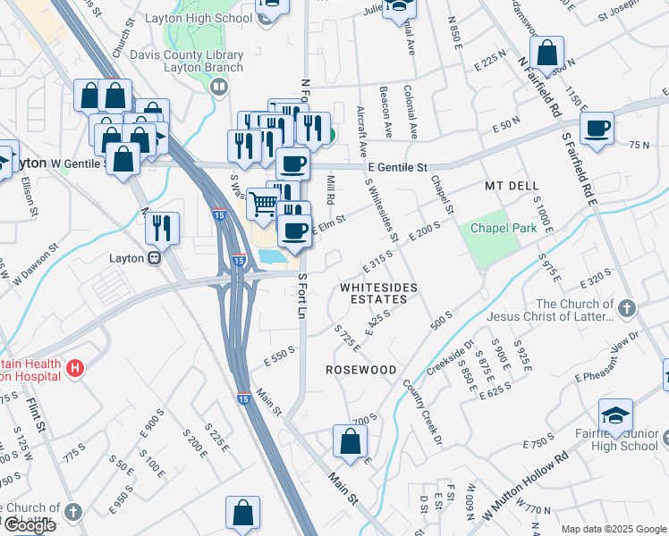map of restaurants, bars, coffee shops, grocery stores, and more near 741 East 315 South in Layton