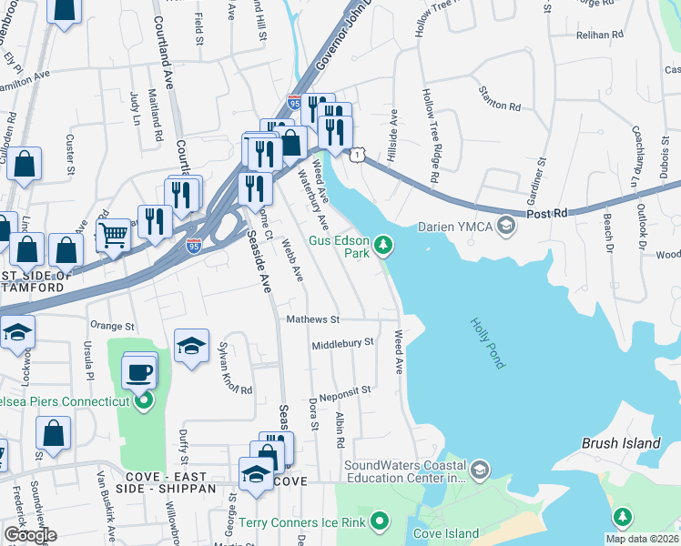 map of restaurants, bars, coffee shops, grocery stores, and more near 126 Waterbury Avenue in Stamford