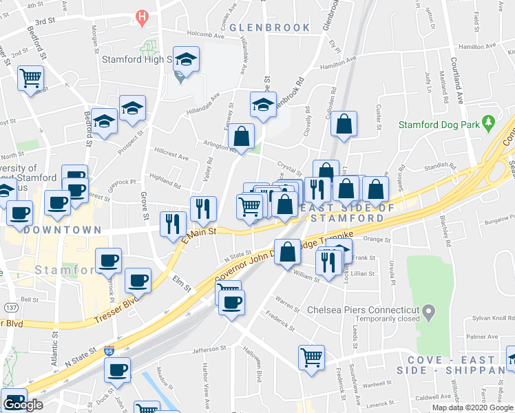 map of restaurants, bars, coffee shops, grocery stores, and more near 81 Lafayette Street in Stamford