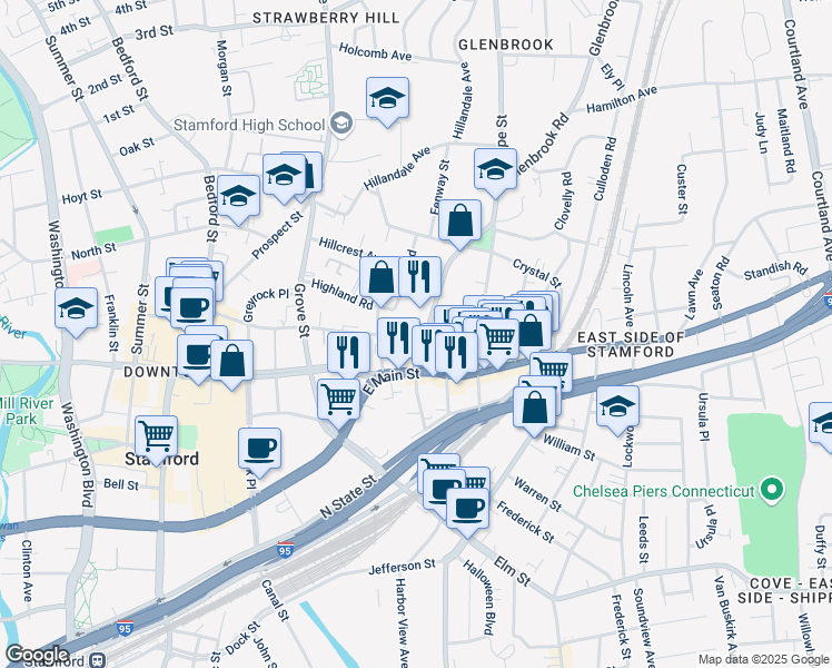map of restaurants, bars, coffee shops, grocery stores, and more near 30 Glenbrook Road in Stamford