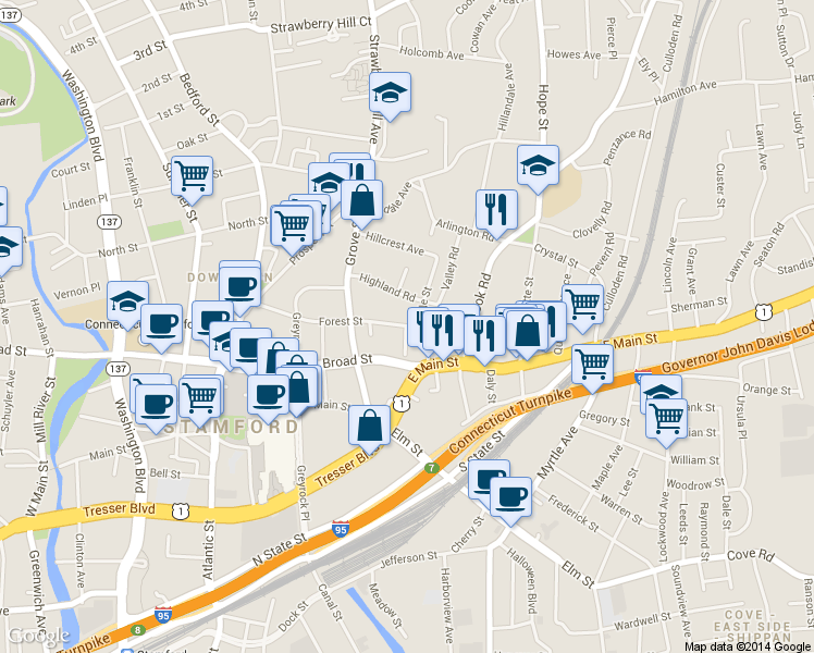 map of restaurants, bars, coffee shops, grocery stores, and more near 164 Forest Street in Stamford