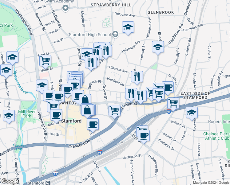 map of restaurants, bars, coffee shops, grocery stores, and more near 109 Forest Street in Stamford
