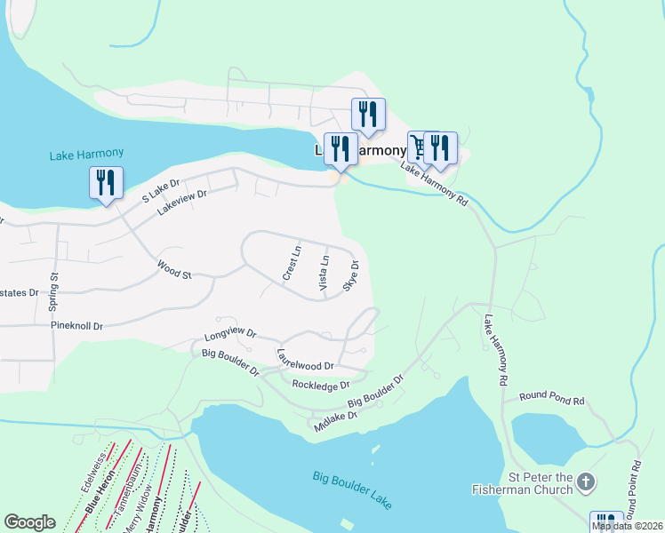 map of restaurants, bars, coffee shops, grocery stores, and more near 809 Vista Lane in Lake Harmony