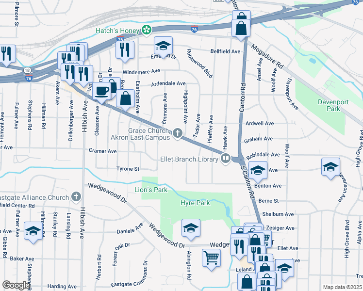 map of restaurants, bars, coffee shops, grocery stores, and more near 2330 East Market Street in Akron