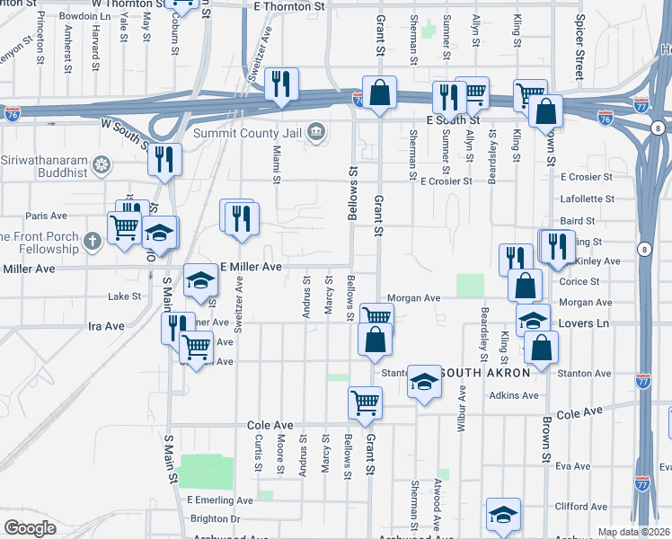 map of restaurants, bars, coffee shops, grocery stores, and more near 236 East Miller Avenue in Akron