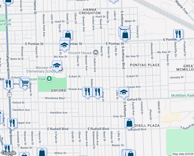 map of restaurants, bars, coffee shops, grocery stores, and more near 1430 Eckart Street in Fort Wayne