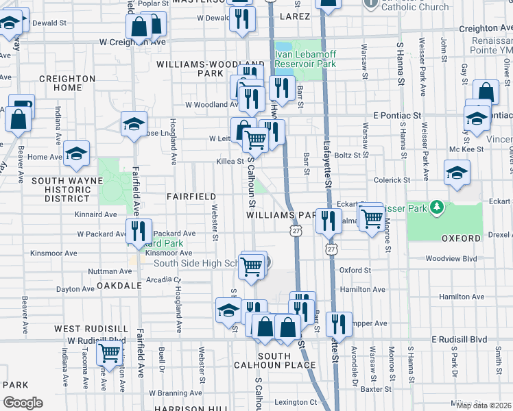 map of restaurants, bars, coffee shops, grocery stores, and more near 3115 South Calhoun Street in Fort Wayne