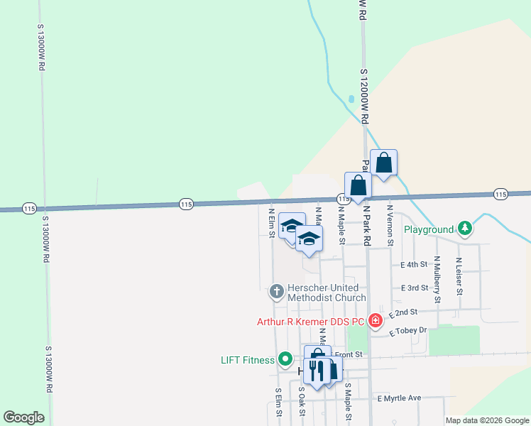 map of restaurants, bars, coffee shops, grocery stores, and more near 665 North Elm Street in Herscher