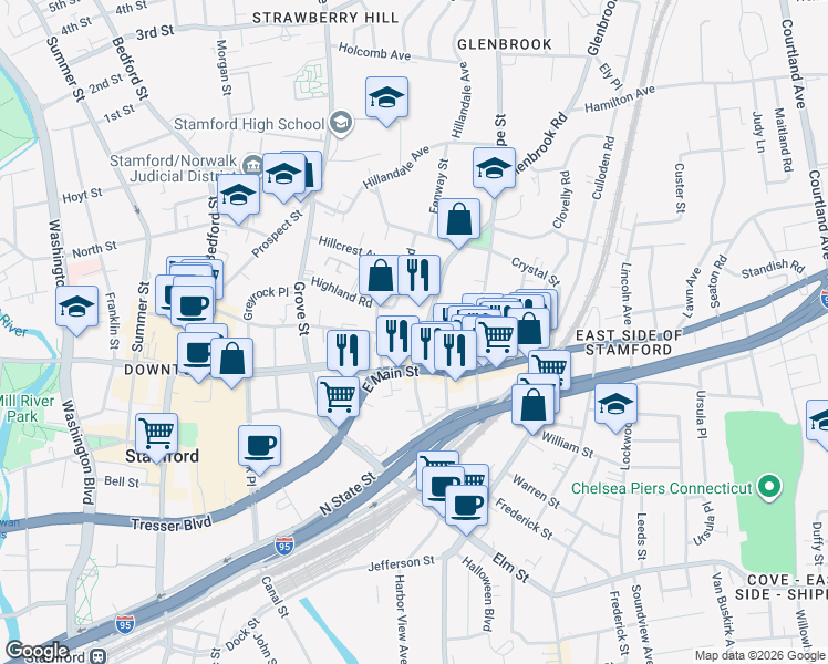 map of restaurants, bars, coffee shops, grocery stores, and more near 30 Glenbrook Road in Stamford