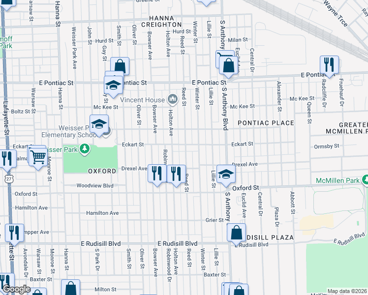 map of restaurants, bars, coffee shops, grocery stores, and more near 1430 Eckart Street in Fort Wayne