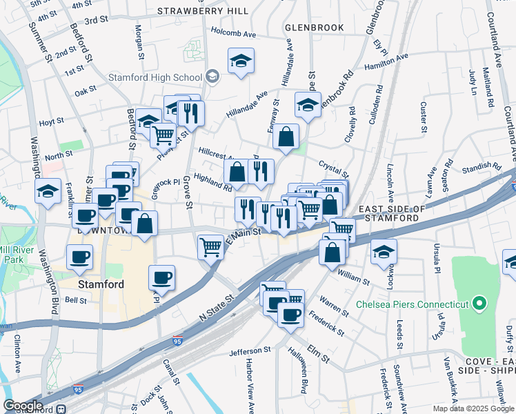 map of restaurants, bars, coffee shops, grocery stores, and more near 30 Glenbrook Road in Stamford