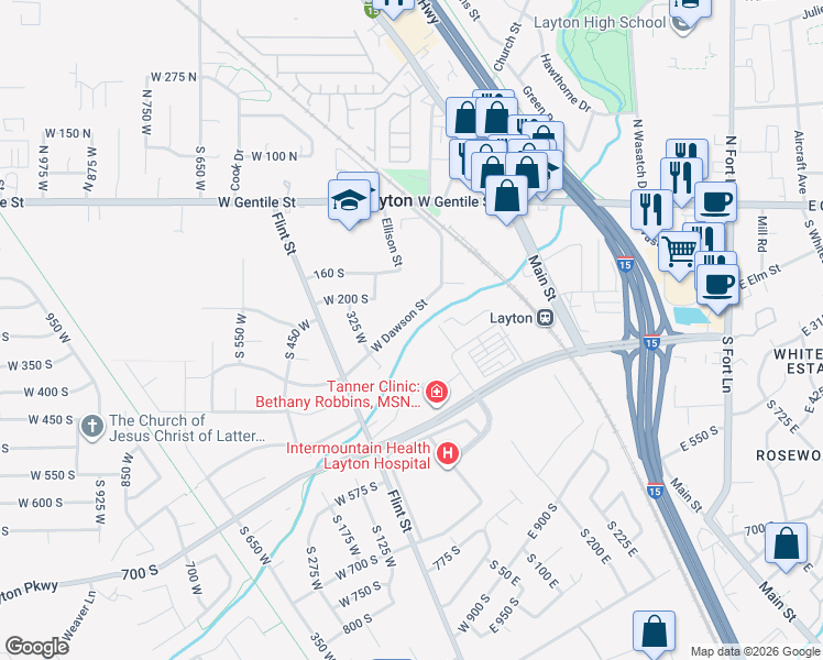 map of restaurants, bars, coffee shops, grocery stores, and more near 243 South Dawson Street in Layton