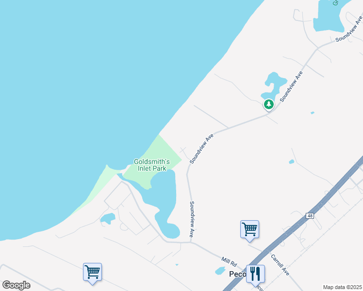 map of restaurants, bars, coffee shops, grocery stores, and more near 280 Diamond Lane in Peconic