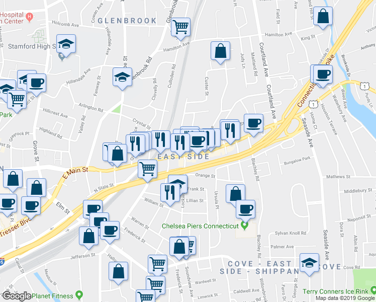 map of restaurants, bars, coffee shops, grocery stores, and more near 956 East Main Street in Stamford
