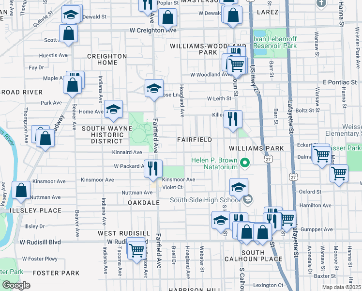 map of restaurants, bars, coffee shops, grocery stores, and more near 3116 Hoagland Avenue in Fort Wayne