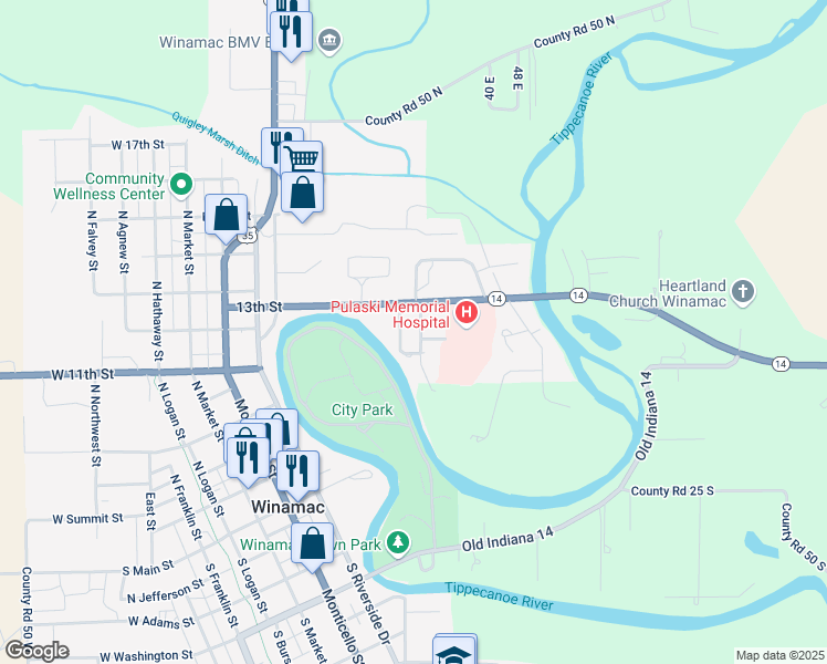 map of restaurants, bars, coffee shops, grocery stores, and more near 541 Stamper Drive in Winamac