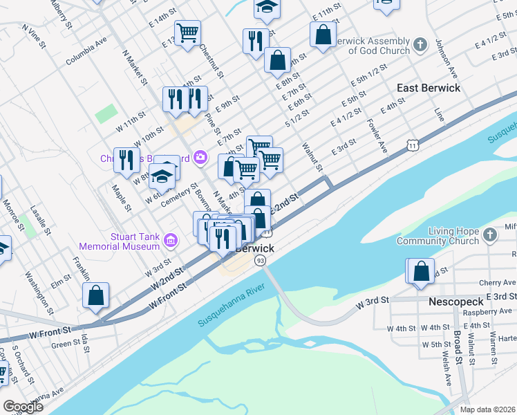 map of restaurants, bars, coffee shops, grocery stores, and more near 132 East 3rd Street in Berwick