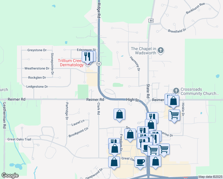 map of restaurants, bars, coffee shops, grocery stores, and more near 1361 High Street in Wadsworth