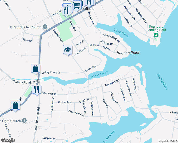 map of restaurants, bars, coffee shops, grocery stores, and more near 3765 Wells Avenue in Southold