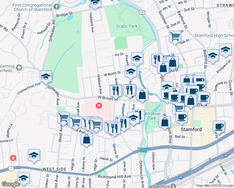 map of restaurants, bars, coffee shops, grocery stores, and more near 20 Anderson Street in Stamford
