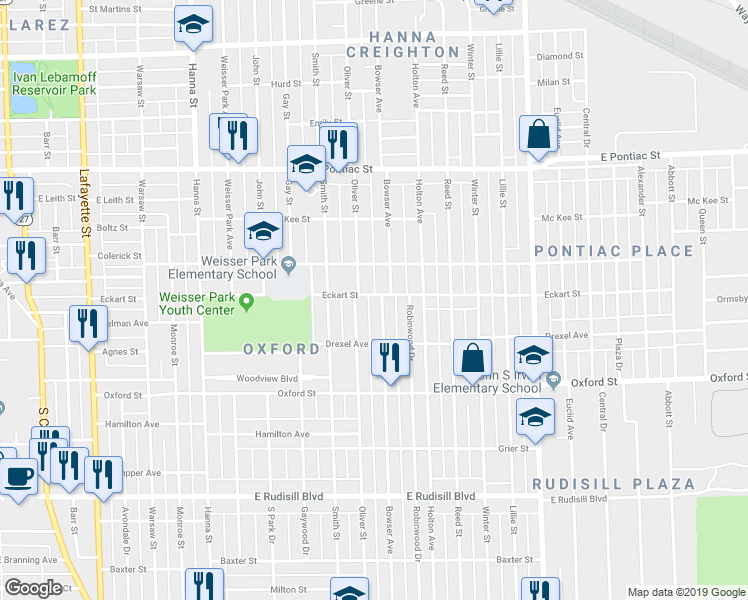 map of restaurants, bars, coffee shops, grocery stores, and more near 3102 Bowser Avenue in Fort Wayne