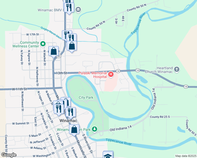 map of restaurants, bars, coffee shops, grocery stores, and more near 541 Stamper Drive in Winamac