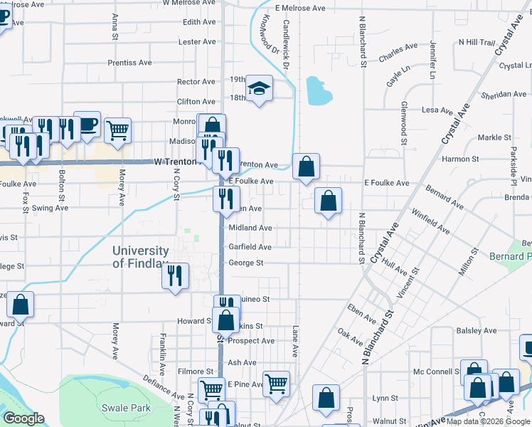 map of restaurants, bars, coffee shops, grocery stores, and more near 203 Allen Avenue in Findlay