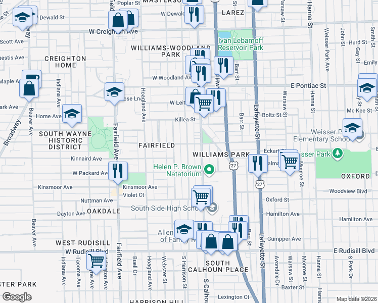map of restaurants, bars, coffee shops, grocery stores, and more near 3113 South Harrison Street in Fort Wayne