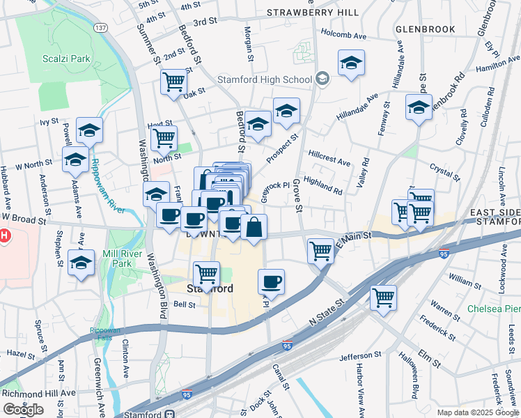 map of restaurants, bars, coffee shops, grocery stores, and more near 196 Greyrock Place in Stamford