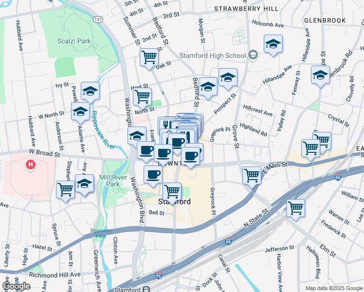 map of restaurants, bars, coffee shops, grocery stores, and more near 154 Bedford Street in Stamford