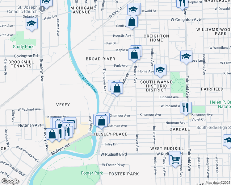 map of restaurants, bars, coffee shops, grocery stores, and more near 3120 Broadway in Fort Wayne