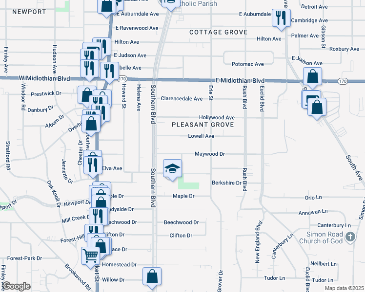 map of restaurants, bars, coffee shops, grocery stores, and more near 150 Maywood Drive in Youngstown