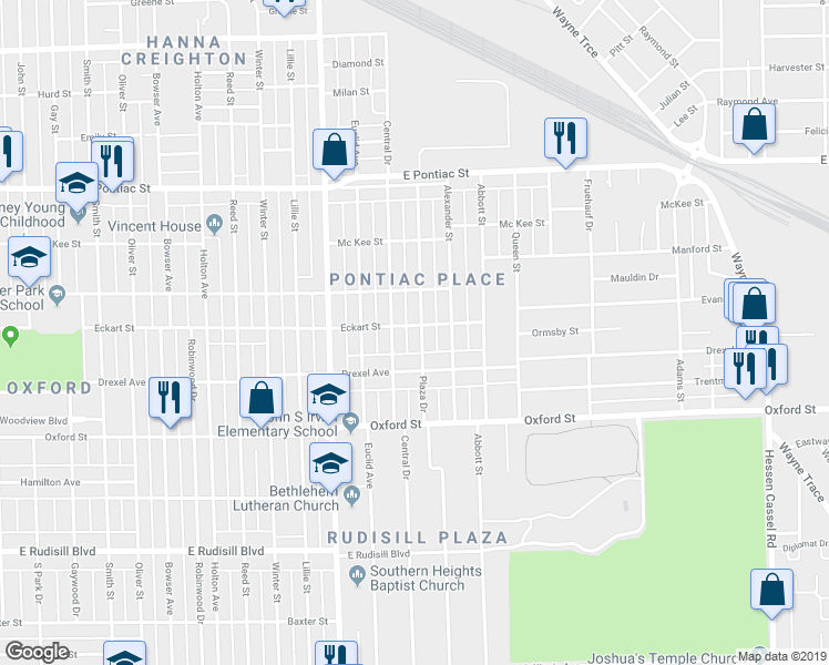 map of restaurants, bars, coffee shops, grocery stores, and more near 3105 Plaza Drive in Fort Wayne