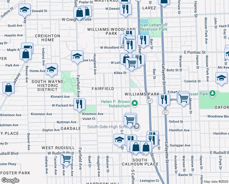 map of restaurants, bars, coffee shops, grocery stores, and more near 3115 Webster Street in Fort Wayne