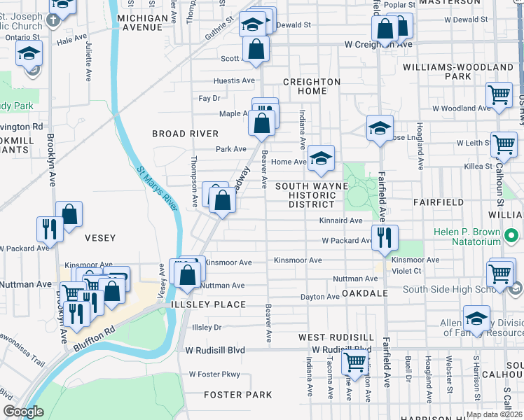 map of restaurants, bars, coffee shops, grocery stores, and more near 3120 Beaver Avenue in Fort Wayne