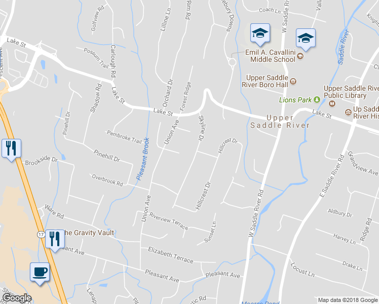 map of restaurants, bars, coffee shops, grocery stores, and more near 43 Skyline Drive in Saddle River