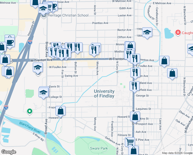 map of restaurants, bars, coffee shops, grocery stores, and more near 305 Swing Avenue in Findlay