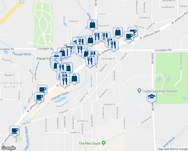 map of restaurants, bars, coffee shops, grocery stores, and more near 2920 Getz Road in Fort Wayne