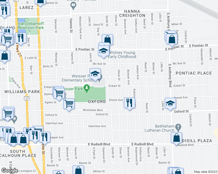 map of restaurants, bars, coffee shops, grocery stores, and more near 3102 Smith Street in Fort Wayne